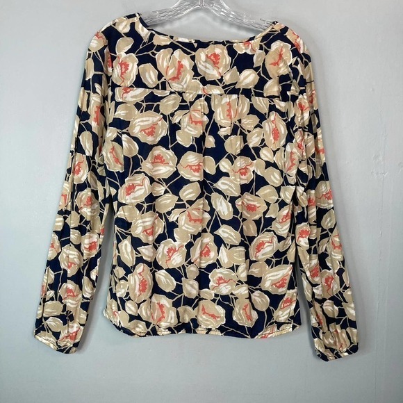 Lucky Brand Floral Vine Lace Up Neckline Peasant Blouse Navy Blue Tan Size M - Picture 16 of 16